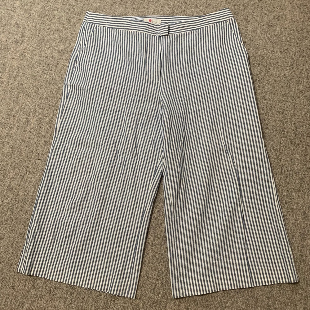 Boden Wide Leg Culotte Pants Womens Size 14 Chambray/ White Striped Linen Cotton